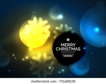 Glowing Christmas ball and snowflakes vector template, holiday winter design, blue color