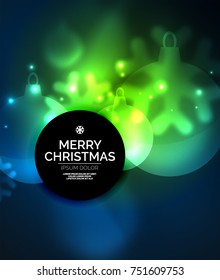Glowing Christmas ball and snowflakes vector template, holiday winter design, blue, green colors