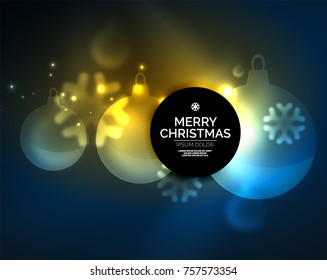 Glowing Christmas ball and snowflakes vector template, holiday winter design, blue color