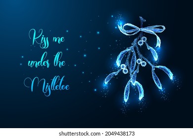 Glowing Christmas digital greeting card template with mistletoe bunch and text kiss me under mistletoe on dark blue background. Modern line and stars design vector illustration. 