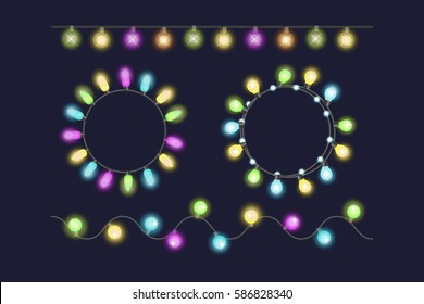 Glowing christmas garland light bulbs for xmas holiday greeting cards design and celebration party holiday decorative shine elements vector illustration.