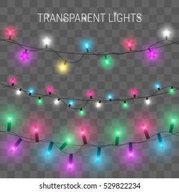 Glowing Christmas lights. Garland on transparent background. Shiny lights