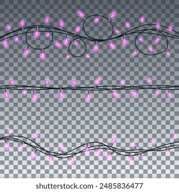 Glowing Christmas lights isolated on transparent background design elements. Set garlands for greeting card design. vector illustration