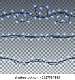 Glowing Christmas lights isolated on transparent background design elements. Set garlands for greeting card design. vector illustration