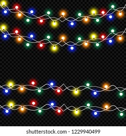 Glowing Christmas lights isolated realistic design elements. Garlands, Christmas decorations lights effects