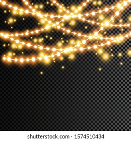Glowing Christmas lights isolated realistic design elements. Garlands, Christmas decorations lights effects.