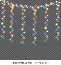 Glowing Christmas lights isolated realistic design elements. Garlands, Christmas decorations lights effects.