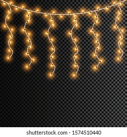 Glowing Christmas lights isolated realistic design elements. Garlands, Christmas decorations lights effects.