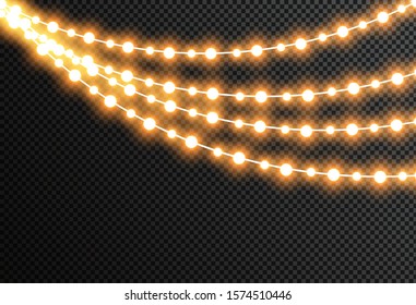 Glowing Christmas lights isolated realistic design elements. Garlands, Christmas decorations lights effects.