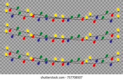 Glowing Christmas lights isolated realistic design elements. Garlands, Christmas decorations lights effects