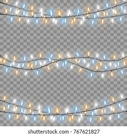 Glowing Christmas lights isolated realistic design elements. Garlands, Christmas decorations lights effects
