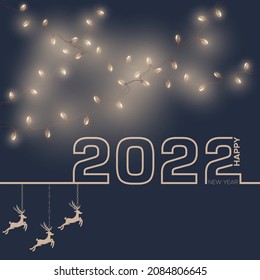 Glowing Christmas lights, Christmas reindeer and 2022 lettering for Christmas holiday card designs. Merry Christmas and Happy New Year. vector illustration