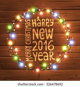 Glowing Christmas Lights Wreath for Xmas Holiday Greeting Cards Design. Wooden Hand Drawn Background.