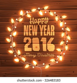 Glowing Christmas Lights Wreath for Xmas Holiday Greeting Cards Design. Wooden Hand Drawn Background.