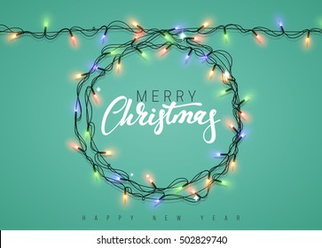 Glowing Christmas Lights Wreath for Xmas Holiday Greeting Cards Design. Merry Christmas Lettering label. Glowing lights Garlands Xmas Holiday greeting card design