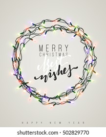 Glowing Christmas Lights Wreath for Xmas Holiday Greeting Cards Design. Merry Christmas Lettering label. Glowing lights Garlands Xmas Holiday greeting card design