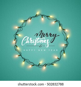 Glowing Christmas Lights Wreath For Xmas Holiday Greeting Cards Design. Merry Christmas Lettering Label. Glowing Lights Garlands Xmas Holiday Greeting Card Design