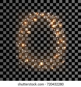 Glowing Christmas Lights Wreath for Xmas Holiday Greeting Cards Design. Merry Christmas Lettering label. Glowing lights Garlands Xmas Holiday greeting card design