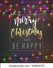 Glowing Christmas Lights for Xmas Holiday Greeting Cards Design. Merry Christmas Lettering label. Glowing lights Garlands Xmas Holiday greeting card design