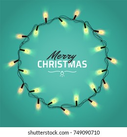 Glowing Christmas realistic Lights Wreath for Xmas Holiday Greeting Cards Design. Isolated on red background. Merry Christmas Lettering label. Glowing lights Garlands Xmas Holiday greeting card design