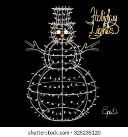 Glowing Christmas snowman. Sculpture made of small garland over the metal frame. Vector holiday design