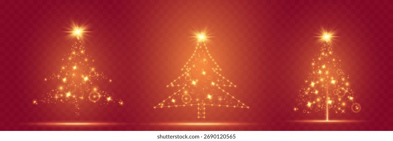Árbol de Navidad brillante con luces festivas sobre un fondo rojo. Vector.