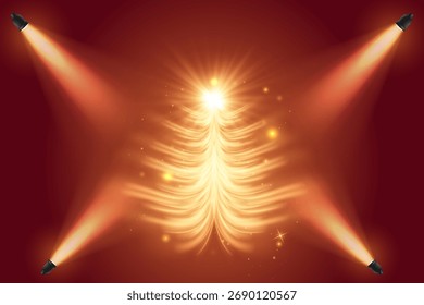 Árbol de Navidad brillante con luces festivas sobre un fondo rojo. Vector.