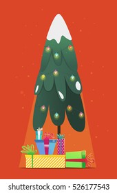 Glowing Christmas tree with gifts. New Year greeting card.Christmas vector illustration. The symbol of the new year 2017. Cartoon characters