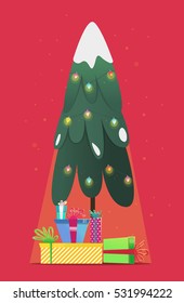 Glowing Christmas tree with gifts. New Year greeting card.Christmas vector illustration. The symbol of the new year 2017. Cartoon characters