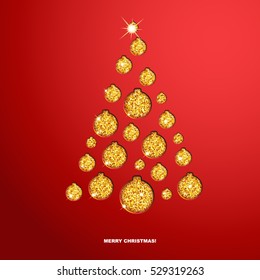 Glowing Christmas tree with golden balls on red background. Merry Christmas and Happy New Year greeting card. Vector illustration