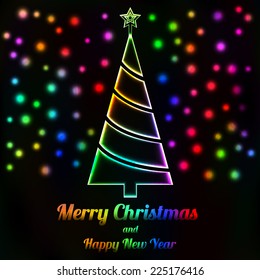 Glowing Christmas tree and lights card, Merry Christmas text
