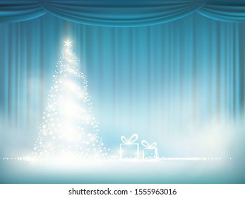 Glowing Christmas tree on a background of blue curtain. Vector new year background.