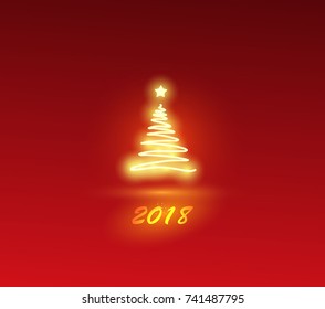 Glowing Christmas tree on a red background. Shiny Christmas Tree. Greeting Card With gold Light 2018.