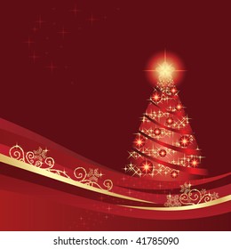 Glowing Christmas tree in a red winter garden
