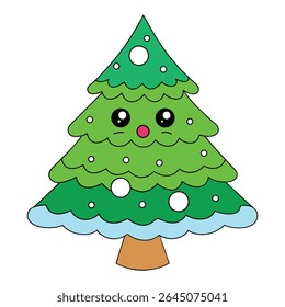 A glowing Christmas tree stands in the snowy landscape, surrounded by twinkling lights, falling snowflakes, and a peaceful winter night sky.
