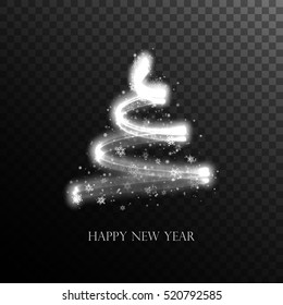 Glowing Christmas tree. Vector magic holiday illustration. Sparkling frosty stream with snowflakes. Holiday decoration element isolated on checkered background. Merry Christmas and Happy New Year