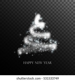 Glowing Christmas tree. Vector magic holiday illustration. Sparkling frosty stream with snowflakes and stars. Decoration element isolated on checkered background. Merry Christmas and Happy New Year