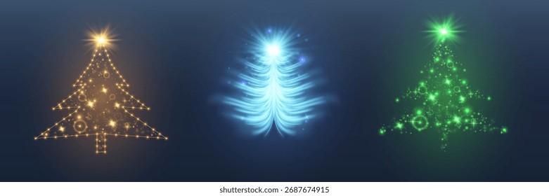 Árboles de Navidad brillantes hechos de partículas claras sobre fondo oscuro