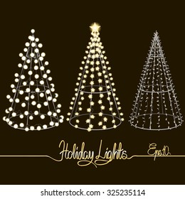 Glowing Christmas trees. Sculptures made of small, large and star-shaped garlands over the metal frames. Vector holiday design