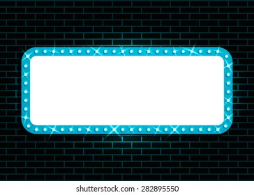 Glowing cinema signboard with light bulbs on the contour. Isolated on black wall background. Vector illustration, eps 10.