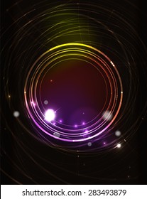 Círculo brillante y colores mezclados en el espacio oscuro. Ilustración vectorial. Antecedentes abstractos