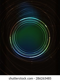 Glowing circle and blending colors in dark space. Vector illustration. Abstract background