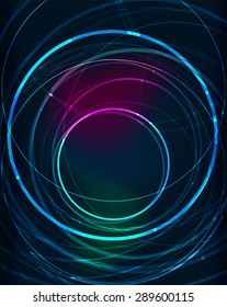 Glowing circle and blending colors in dark space. Vector illustration. Abstract background
