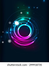 Glowing circle and blending colors in dark space. Vector illustration. Abstract background