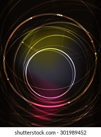 Círculo brillante y colores mezclados en el espacio oscuro. Ilustración vectorial. Antecedentes abstractos