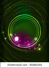 Círculo brillante y colores mezclados en el espacio oscuro. Ilustración vectorial. Antecedentes abstractos