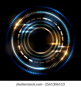 Glowing circle with bright flashes. Abstract luminous disk on black background.