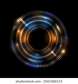 Glowing circle with bright flashes. Abstract luminous disk on black background.