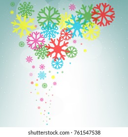 Glowing circle colorful rainbow bokeh snow background. Falling snowflakes multicolors backdrop. Christmas decoration design template