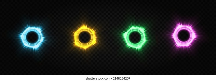 Círculo brillante. Un elegante anillo de luz iluminado sobre un fondo oscuro. Marco redondo, bordes brillantes con polvo brillante o de hadas.